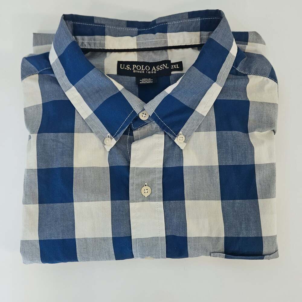 U.S. Polo Assn. Blue White Gingham Checked Short Sleeve Button Down Shirt 2XL